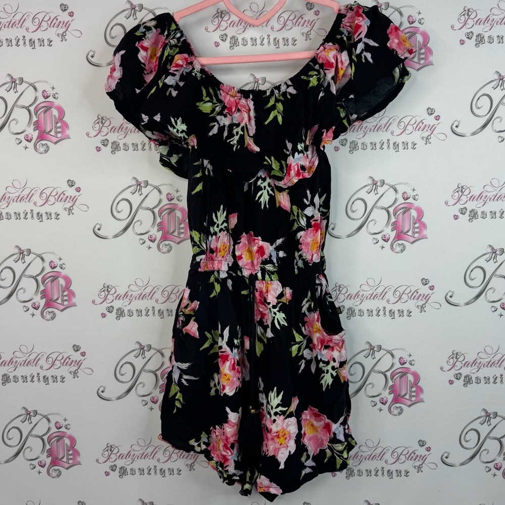 La Vie En Rose Romper floral ruffles Black green white Pink flowers flowy shorts